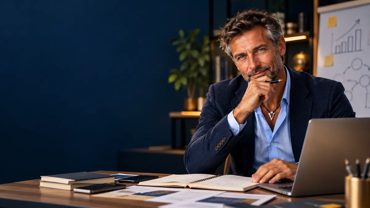 Mister Visio al computer, con una lavagna di appunti alle spalle