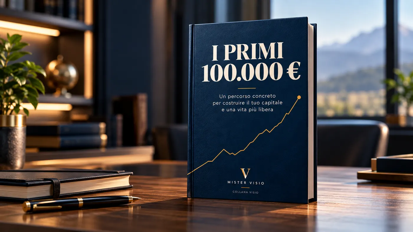 Il libro I primi 100.000 € appoggiato su una scrivania, con penna e taccuini