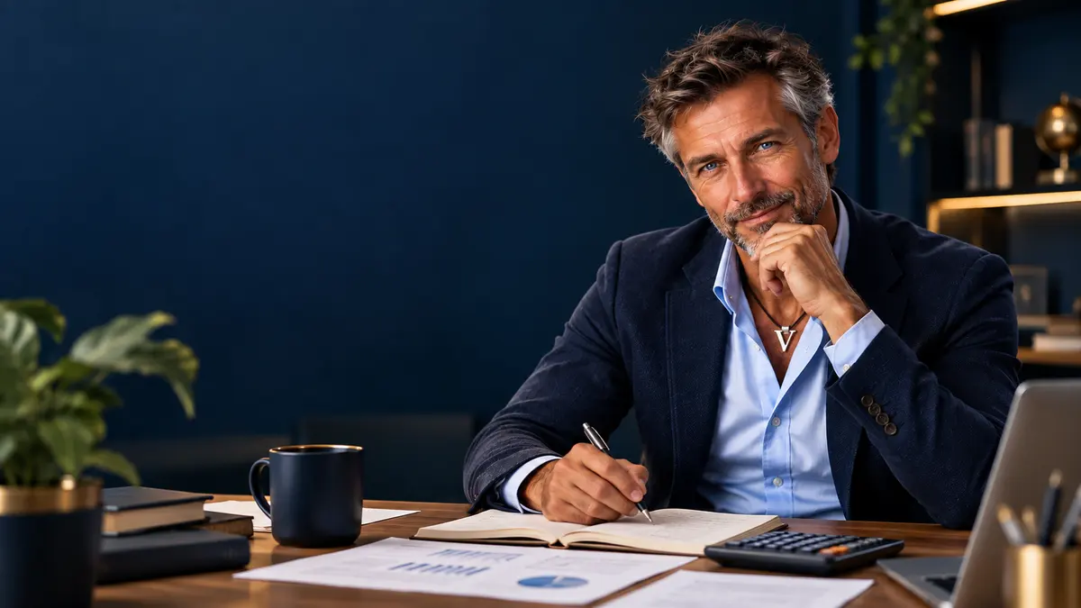 Mister Visio alla scrivania mentre scrive appunti, con una calcolatrice accanto